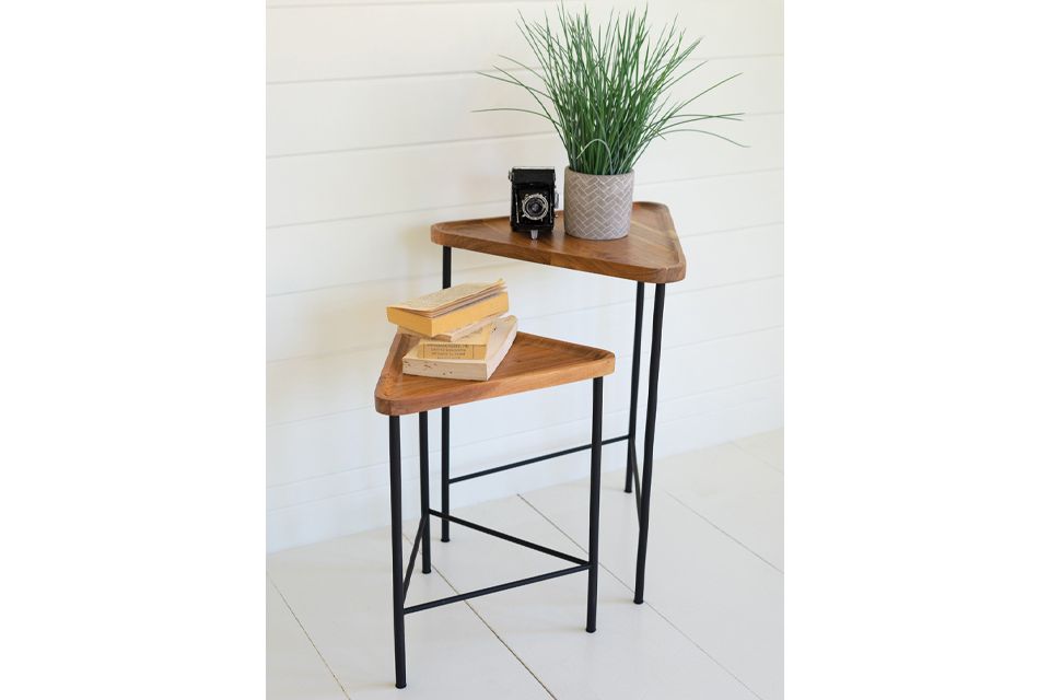 Set Of 2 Triangle Acacia Wood Side Tables