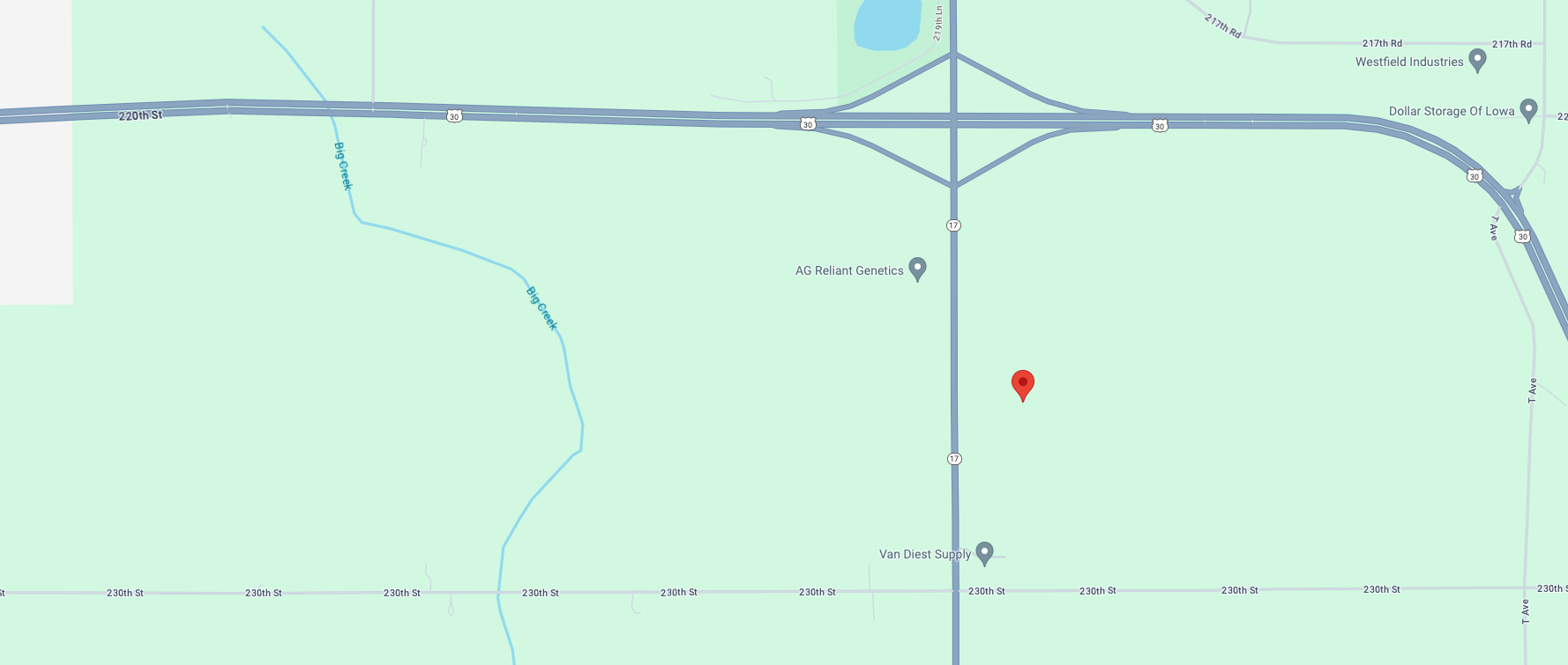 A map showing the location of Redekers near the intersection of Highway 30 and Route 17, with landmarks including AG Reliant Genetics and Van Diest Supply.