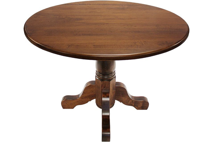 Brown Maple Drop Leaf Single Pedestal Dining Table